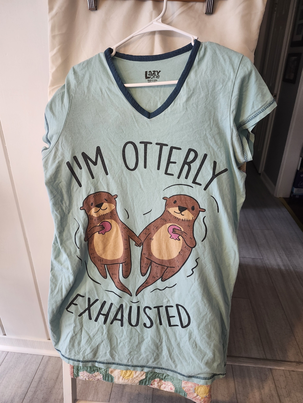 Lazy One Light Teal Otter Graphic V-Neck Sleep Tee